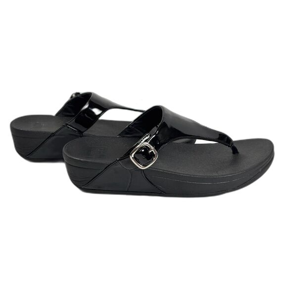 Fitflop Shoes - FitFlop The Skinny Black Patent Leather Comfort Thong Sandal Wedge Women Sz 8